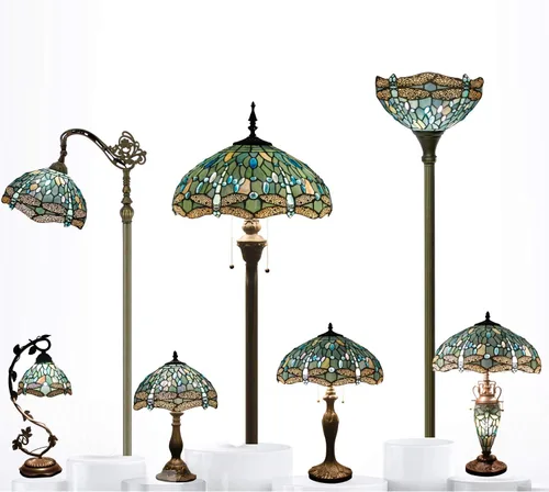 Vista 8 de WERFACTORY Tiffany Lámpara de mesa de noche de cristal azul mar, lámpara de mesa estilo libélula luz de lectura de escritorio, base de metal, 16 x