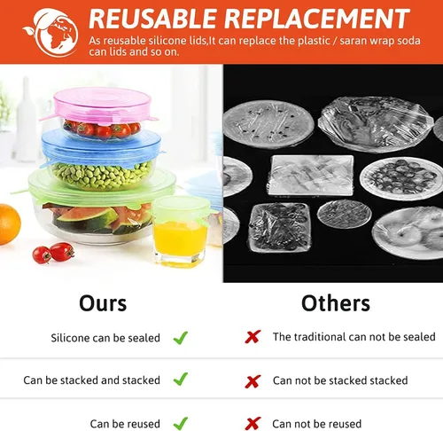 Vista 2 de Tapas elásticas de silicona – 12 tapas de silicona para almacenamiento de alimentos – Cubiertas redondas flexibles de silicona – Cubierta