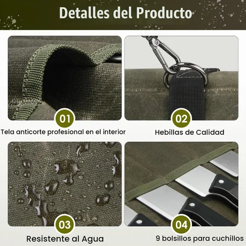 Vista 3 de Bolsa enrollable para cuchillos de chef, estuche de viaje para cuchillos de lona encerada, soporte de almacenamiento profesional resistente con 10