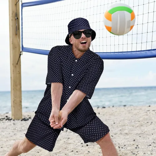 Vista 3 de Conjunto de 4 piezas de camisa hawaiana y pantalón corto para hombre, casual, con botones, para verano, playa, con flores, con sombreros de cubo