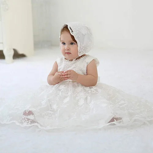Vista 6 de CareCheer Sleeveless Ivory Long Baby Girl Christening Baptism Dress Flower Girl Dedication Blessing Gown