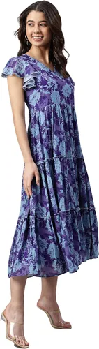 Vista 4 de Janasya Vestido occidental acampanado con estampado floral azul para mujer, Azul