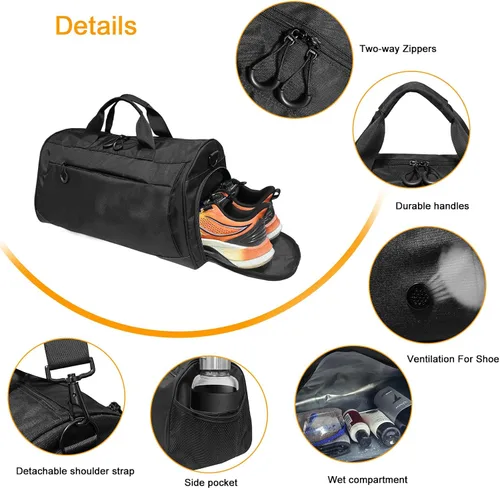 Vista 4 de Bolsa de gimnasio para hombres y mujeres con correa para el hombro, compartimento para zapatos y húmedos, bolsa de lona ligera, bolsa atlética