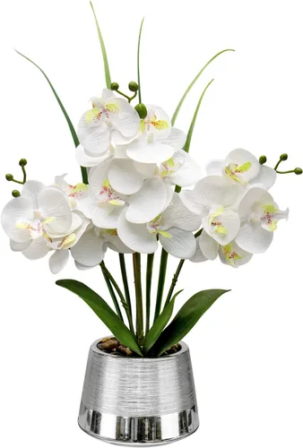 Vista 8 de Orquídeas blancas artificiales en maceta dorada, orquídea Phalaenopsis falsa, orquídea Bonsia sintética, centro de mesa para mesa de comedor