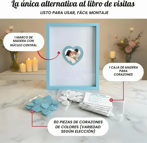 Vista 9 de Libro de invitados de boda azul alternativo para recepción con corazones de madera, un marco, decoración de libros, recuerdos para boda, ideas
