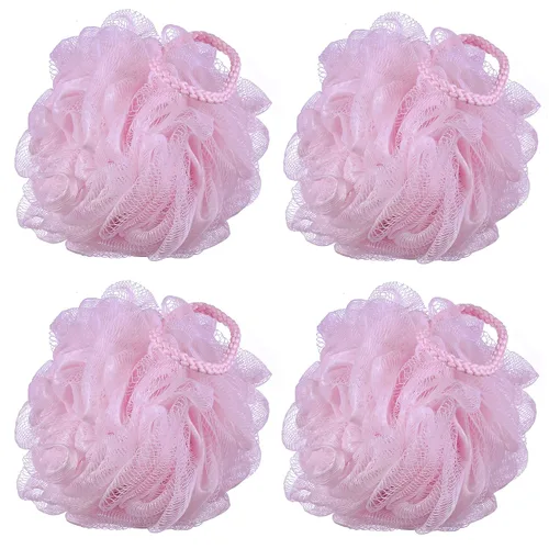 Vista 8 de Esponja de baño de malla multicolor de 2.12 oz/pieza, puf de ducha, esponjas, paquete de 4 (blanco, rosa, morado y azul)