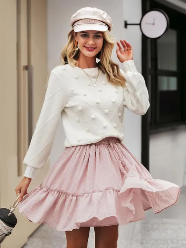 Vista 6 de Miessial Suéter de otoño con cuello redondo para mujer, lindo suéter de punto grueso de manga larga abombada con pompón