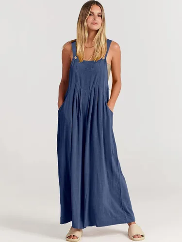 Vista 8 de ANRABESS - Overol de verano para mujer, diseño de lino informal de pierna ancha, sin mangas, con tirantes
