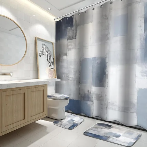 Vista 22 de Lnond 4 Piezas Juegos de Cortinas de Ducha de Baño Moradas con Alfombras, Arte de Pintura Púrpura y Gris Juegos de Baño con Cortina de Ducha
