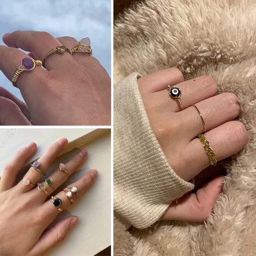 Vista 2 de Juego de 9 anillos de cristal curativo, anillos ajustables envueltos en alambre dorado de piedras preciosas irregulares para mujeres y niñas, cristal