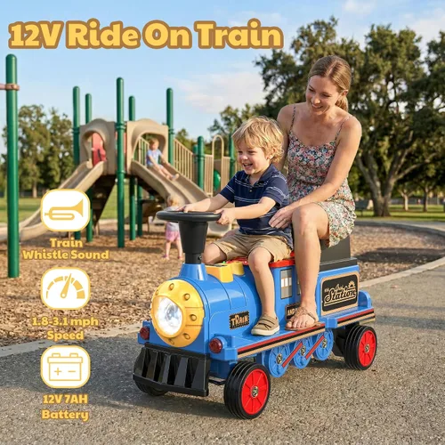 Vista 4 de ANPABO Tren de paseo de 12 V 7 AH, 2 plazas, silbato de tren Choo Choo Azul