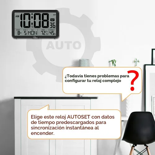 Vista 4 de WallarGe Reloj de pared digital de ajuste automático, funciona con pilas, relojes de escritorio con temperatura, humedad y fecha, reloj despertador
