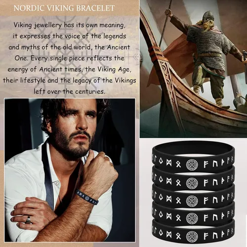 Vista 9 de MEALGUET 5 pulseras vikingas para hombre pulsera vikinga nórdica negra para hombres y mujeres, banda de goma de silicona de ajuste cómodo, joyería