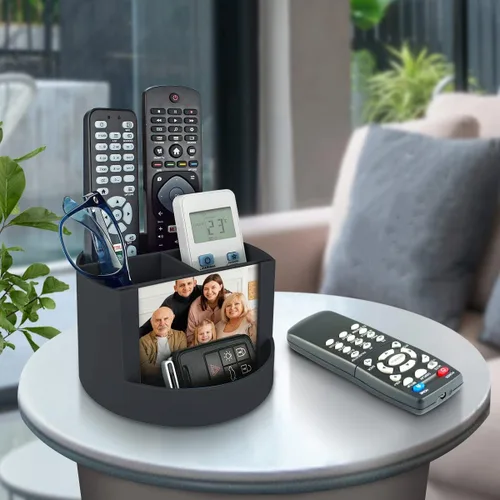 Vista 6 de Acrimet Organizador de escritorio compacto, 4 ranuras espaciosas, soporte redondo para lápices y accesorios con ranura para fotos, ideal