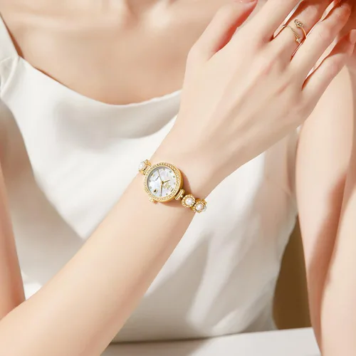 Vista 3 de OLEVS Reloj de pulsera analógico de lujo con cara pequeña para mujer, delicado e impermeable con perlas y diamantes, reloj para mujer con fecha