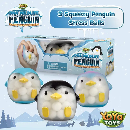 Vista 4 de Bolas de ADN de pingüino de YoYa Toys (paquete de 3) – Estimulantes, relajantes, esponjosos, sensoriales y juguetes para ansiedad para niños