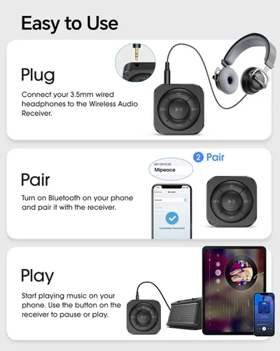 Vista 6 de MIPEACE Receptor de audio Bluetooth 5.3 para auriculares con cable, coche y altavoces, adaptador de auriculares Bluetooth con micrófono integrado