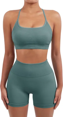 Vista 2 de SUUKSESS Conjuntos de Entrenamiento Sin Costuras para Mujer, Sujetador Deportivo con Tirantes, Shorts de Cintura Alta y con Realce de Glúteos