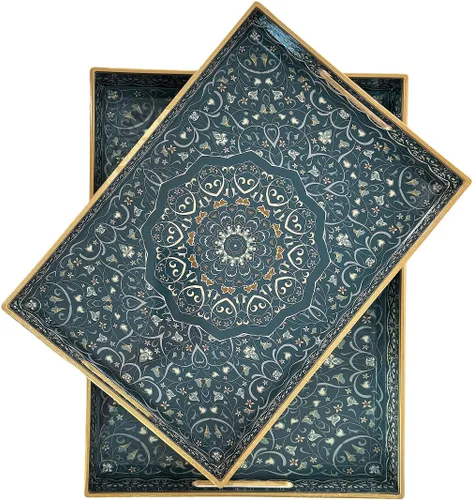 Vista 26 de Bandeja de servir azul con 4 asas, bandeja decorativa de plástico para mesa de café, otomana - Ideal para sala de estar y baño. 15 x 11 x 1.9