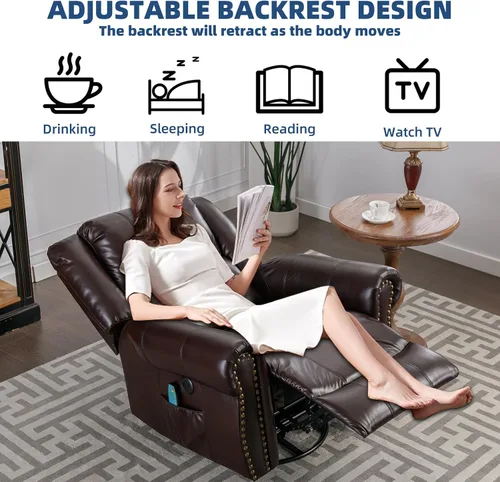 Vista 6 de Silla reclinable giratoria con calor y vibración, silla reclinable manual giratoria de 360°, silla reclinable mecedora de masaje con bolsillos
