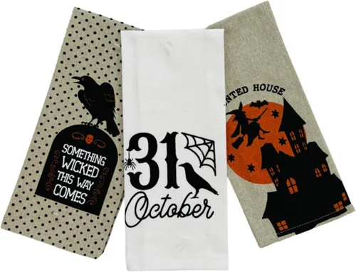 Vista 12 de Haunted - Juego de toallas de mano de cocina de Halloween: Jack O' Lantern Orange Terry Loop, lazo de rizo de punto blanco elevado, diseños