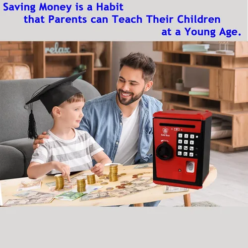 Vista 5 de Caja de ahorro segura para niños con contraseña por huella dactilar, alcancía parlante con diseño de cajero automático para dinero real, juguete