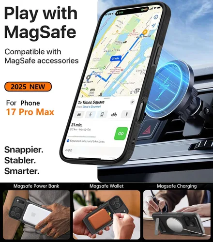Vista 4 de WTCASE Funda magnética de piel para iPhone 17 Pro, soporte invisible integrado [compatible con Magsafe], funda protectora delgada con función atril