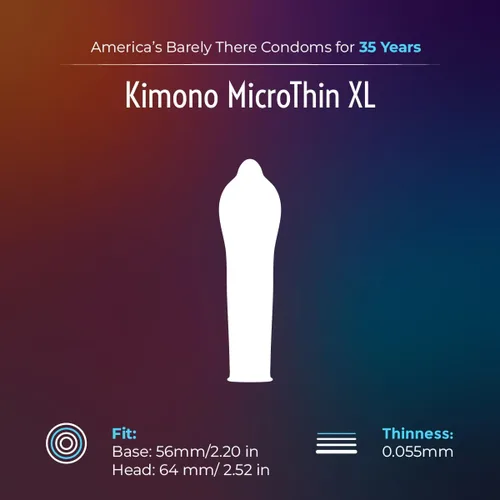 Vista 3 de Kimono MicroThin XL - Paquete de 12 preservativos lubricados ultrafinos, látex natural, aptos para veganos, sin olor a látex, extra finos, base más