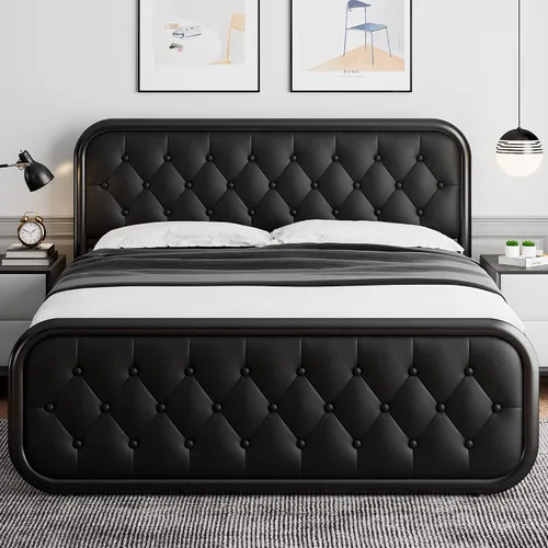 Vista 3 de iPormis Marco de cama de metal tamaño completo con cabecera de cuero, marco de cama de plataforma resistente, soporte de listones de acero metálico