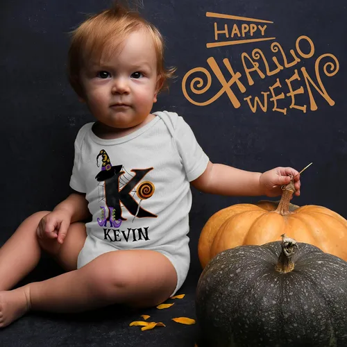 Vista 3 de Enterizo de Halloween personalizado con inicial para bebé niño y niña recién nacido 6 12 18 24 meses traje de calabaza personalizado disfraz