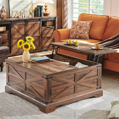 Vista 11 de Farmhouse - Mesa auxiliar cuadrada elevable con gran almacenamiento de 36 pulgadas Mesa de sala de estar de madera con compartimento oculto