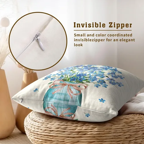Vista 4 de Fundas de almohada florales de primavera 16x16 pulgadas, juego de 2, fundas de almohada azules de flor de jarra de Mason, fundas de almohada