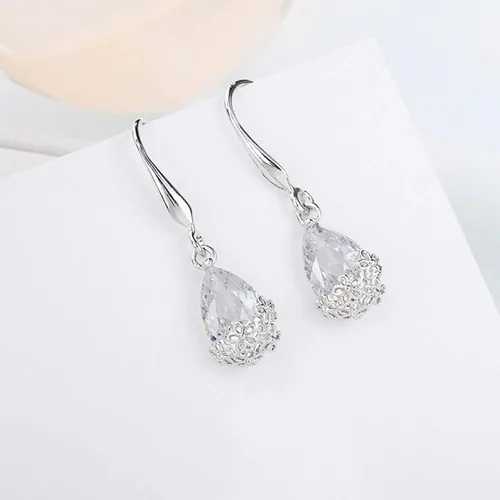 Vista 6 de Pendientes de aro con forma de gota y colgante, diseño vintage de gota de agua floral de metal con incrustaciones de circonita cúbica, joyería