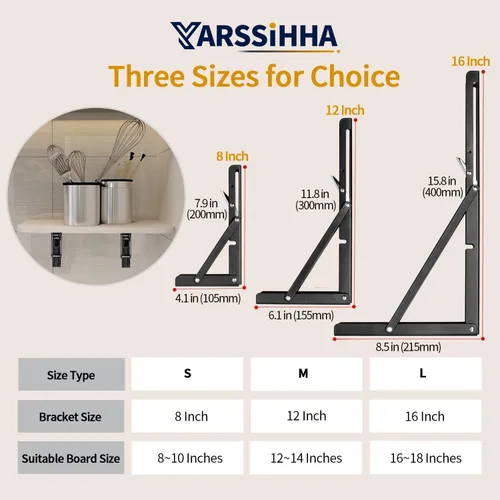 Vista 7 de Yarssihha Soporte plegable de estante de 8 pulgadas, paquete de 2 soportes plegables resistentes montados en la pared, soportes plegables de metal