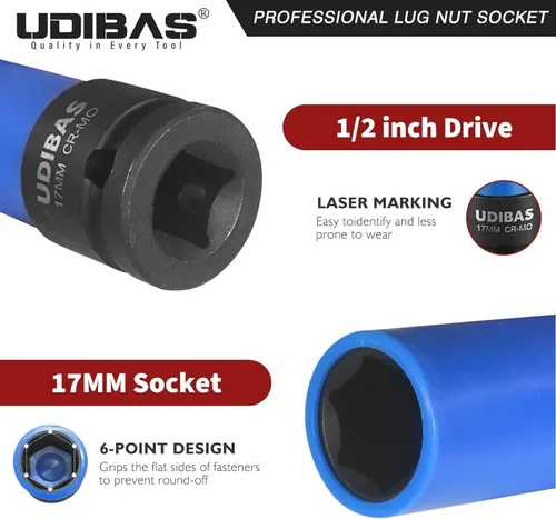 Vista 2 de Llave de tuerca de impacto de 17 mm de 1/2 pulgada, profunda, métrica, con fundas protectoras y material CR-MO de alta resistencia que no deja marcas
