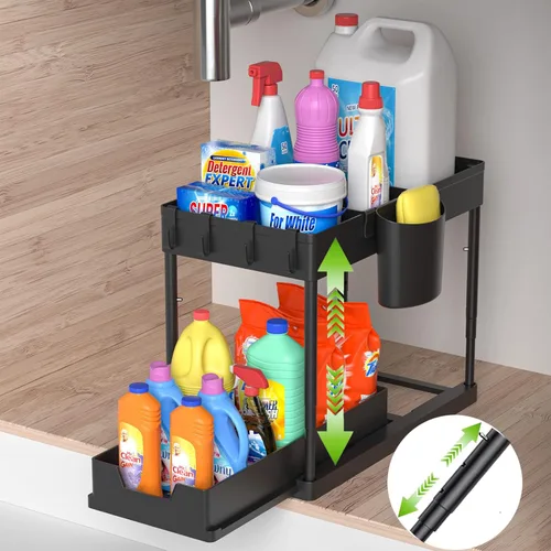 Vista 9 de Organizadores y almacenamiento para debajo del fregadero, estante deslizante de 2 niveles, organizador de gabinete de baño con ganchos, taza