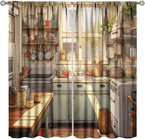 Vista 13 de Cortinas de cocina estilo retro, 2 paneles con bolsillo para cortinero, decoración de dormitorio, cocina, cafetería, 42 pulgadas de ancho x 45