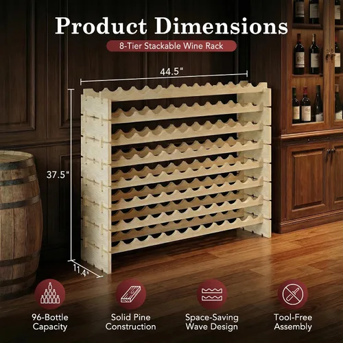 Vista 5 de ZENY Estante modular apilable para 96 botellas, soporte independiente para botellas de vino de 8 niveles, estante de almacenamiento de vino
