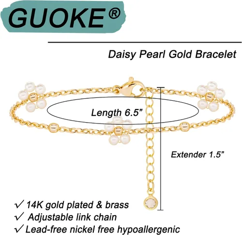 Vista 6 de Pulsera de oro para mujer, chapada en oro de 14 quilates, con cuentas de margaritas y perlas de tenis, joyería simple