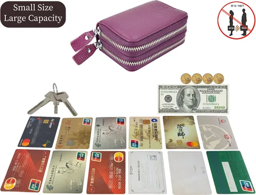 Vista 40 de Cartera de cuero para mujer, con doble tarjeta, tarjetero con cremallera, múltiples compartimentos, bloqueo RFID C-W-1, Rosado, Talla única