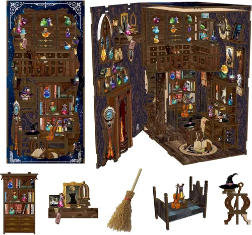 Vista 7 de Kit de Rincón de Libros - Kit de Manualidades de Casa en Miniatura con Muñecas, Muebles y Luz LED, Separadores de Libros de Arte en Madera 3D