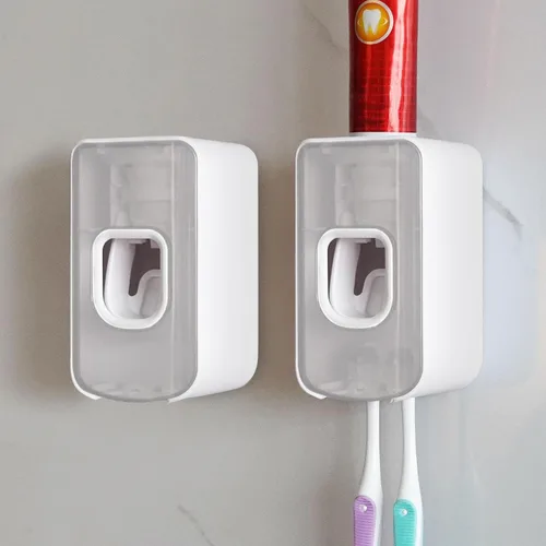 Vista 21 de Soporte de plástico para cepillos de dientes de 2 ranuras y dispensador de pasta de dientes montado en la pared, exprimidor automático de pasta