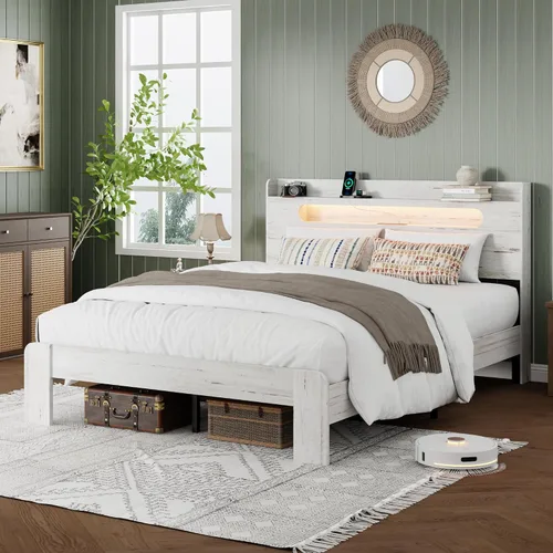 Vista 11 de Base de cama matrimonial con cabecera de almacenamiento y estación de carga, color marrón Platform Bed Frame, LED Lights, Wooden Slats