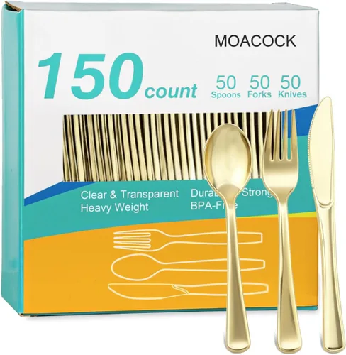 Vista 10 de MOACOCK 150 cubiertos de plástico transparente, tenedores de plástico pesado, cucharas, cuchillos, utensilios desechables para suministros de fiesta