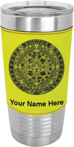 Vista 14 de LaserGram Vaso aislado al vacío de 20 onzas, calendario azteca, grabado personalizado incluido (piel sintética, estilo béisbol)