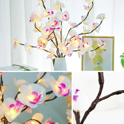 Vista 5 de Paquete de 2 luces LED de árbol de orquídea de mariposa, funciona con pilas, lámpara decorativa de árbol iluminada, ramas iluminadas, luces LED