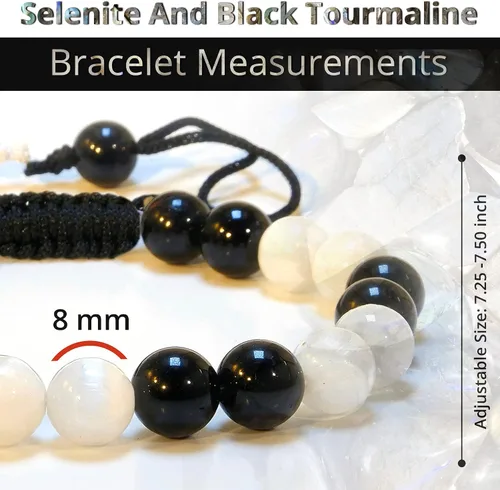 Vista 3 de Pulsera de turmalina negra de selenita auténtica, pulsera de cristal curativo natural para mujeres y hombres, pulsera de cuentas redondas de 0.315