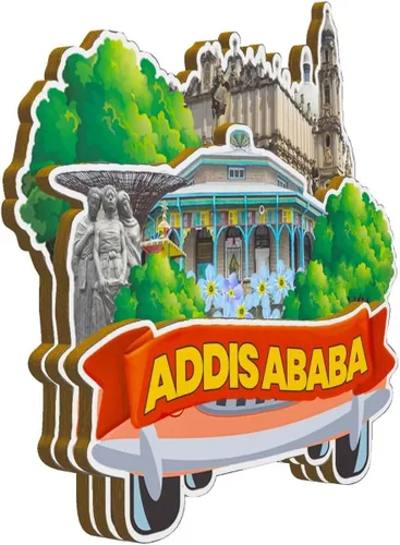 Vista 2 de Imán de madera para nevera de Addis Abeba Etiopía, monumentos 3D, recuerdos coleccionables, decoración hecha a mano -2863