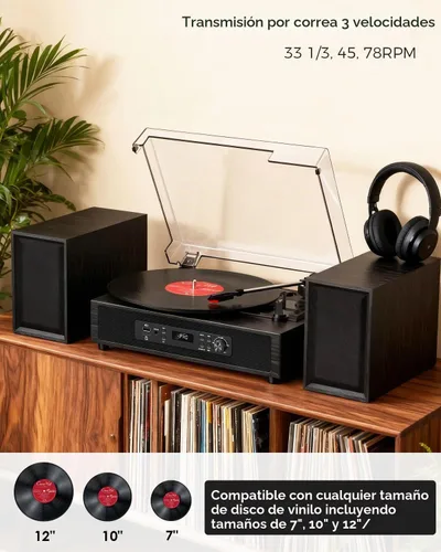 Vista 2 de Reproductor de discos de vinilo con 4+2 altavoces estéreo externos Bluetooth, tocadiscos de 3 velocidades con correa para discos de vinilo, dos