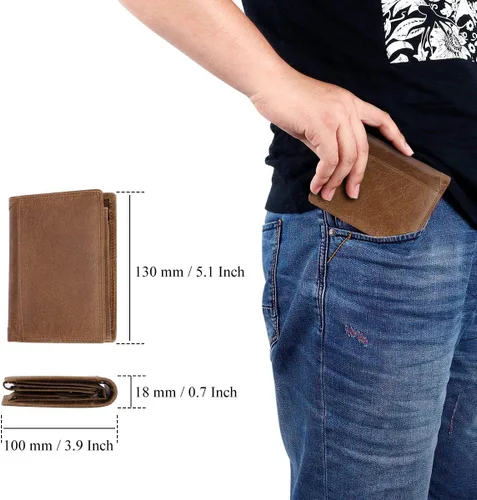 Vista 7 de Billetera de cuero vacuno con bloqueo RFID triple para hombres, 10 ranuras para tarjetas, 2 ventanas para identificación con bolsillo para monedas